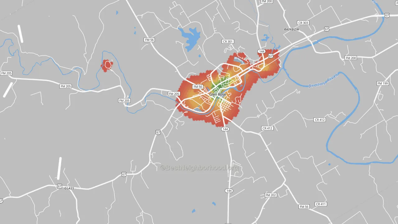 Walk Grade map of 76043, TX, walkable areas in green and car-dependent areas in red