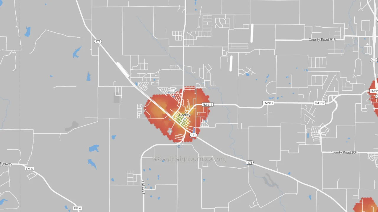 Walk Grade map of 76044, TX, walkable areas in green and car-dependent areas in red