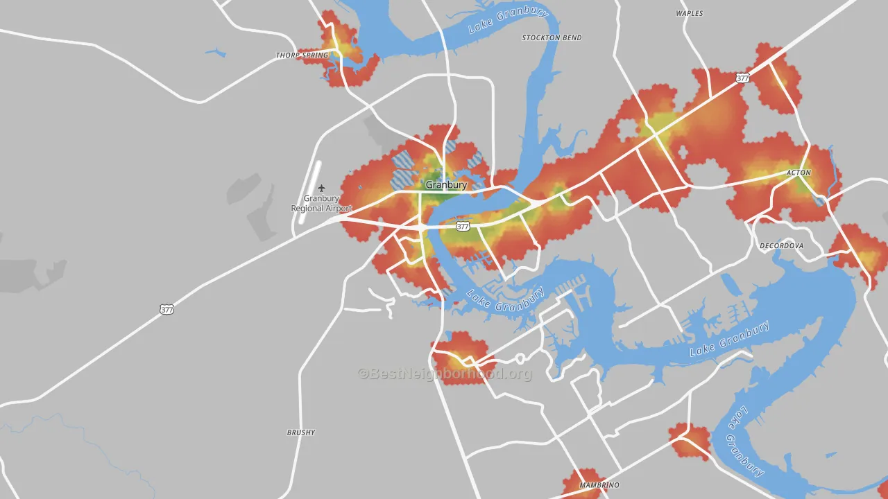 Walk Grade map of 76048, TX, walkable areas in green and car-dependent areas in red
