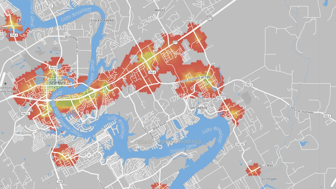 Walk Grade map of 76049, TX, walkable areas in green and car-dependent areas in red