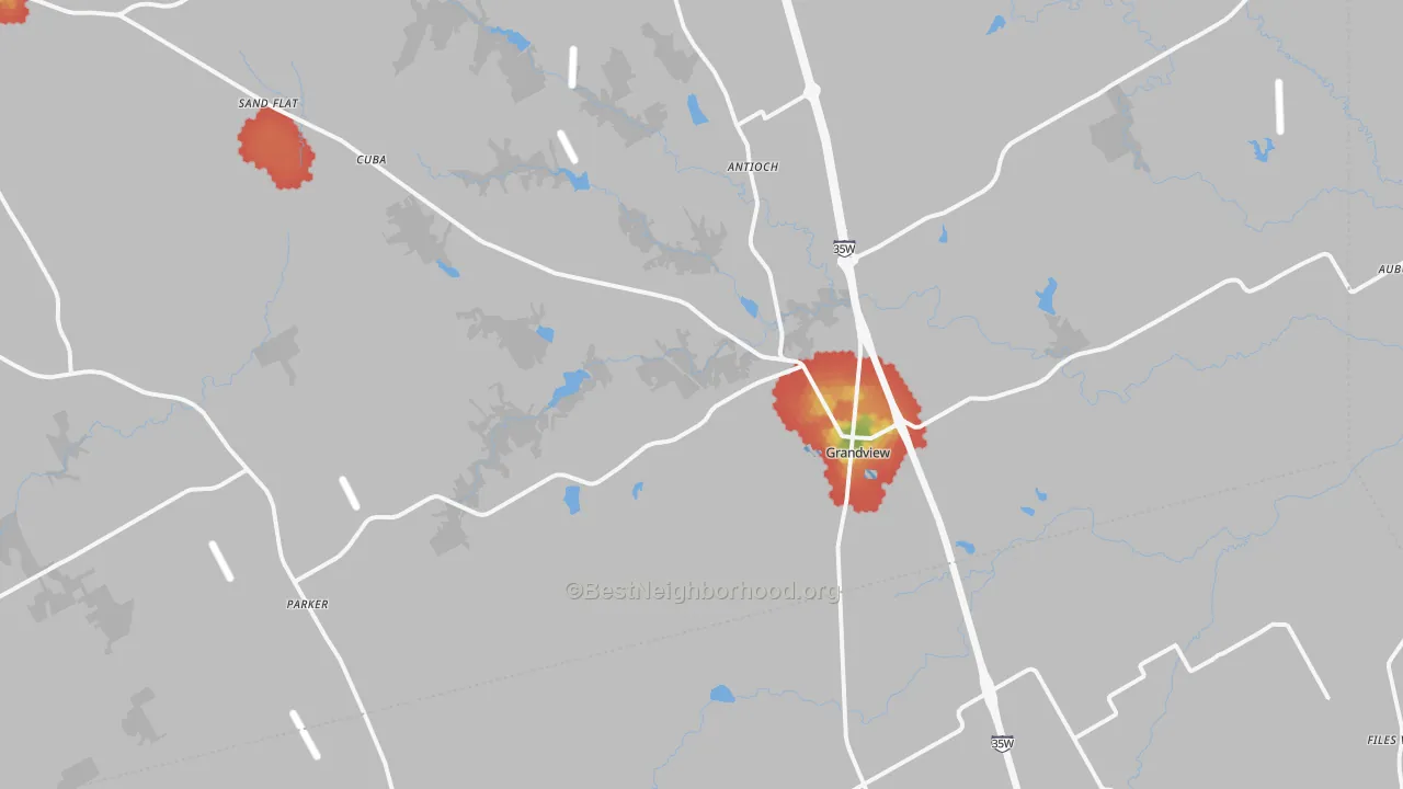 Walk Grade map of 76050, TX, walkable areas in green and car-dependent areas in red