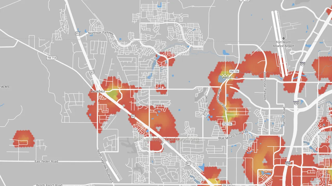 Walk Grade map of 76052, TX, walkable areas in green and car-dependent areas in red