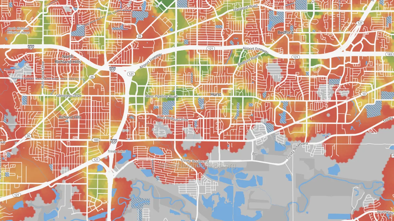 Walk Grade map of 76053, TX, walkable areas in green and car-dependent areas in red