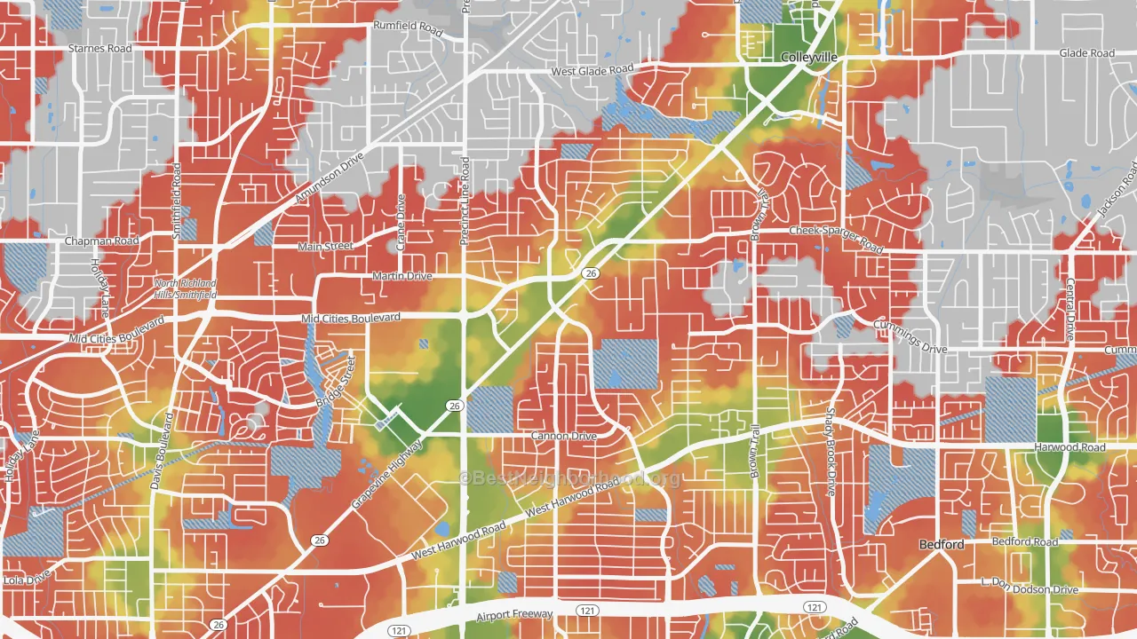 Walk Grade map of 76054, TX, walkable areas in green and car-dependent areas in red