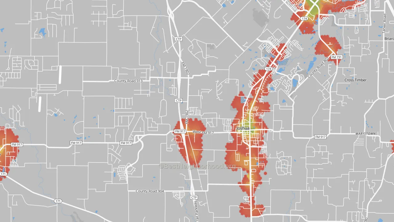 Walk Grade map of 76058, TX, walkable areas in green and car-dependent areas in red