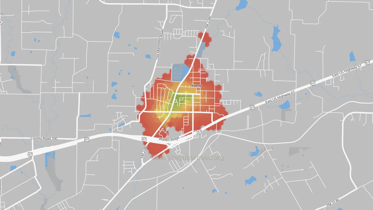 Walk Grade map of 76059, TX, walkable areas in green and car-dependent areas in red