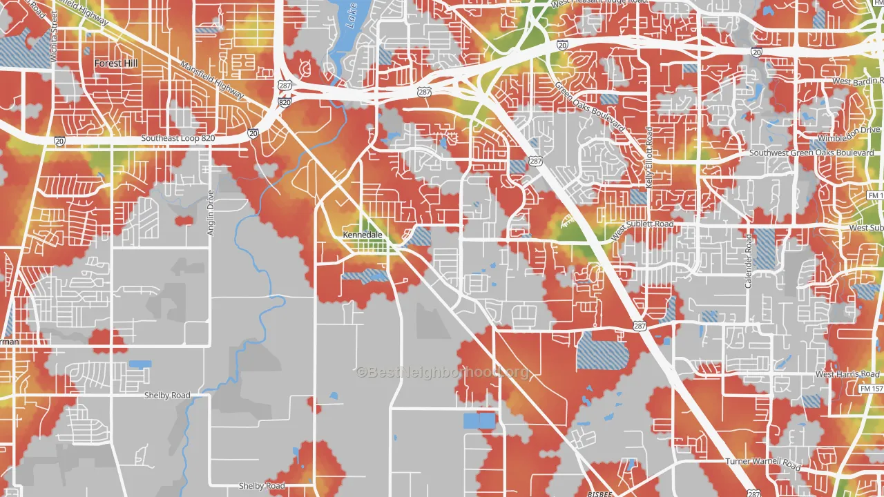 Walk Grade map of 76060, TX, walkable areas in green and car-dependent areas in red