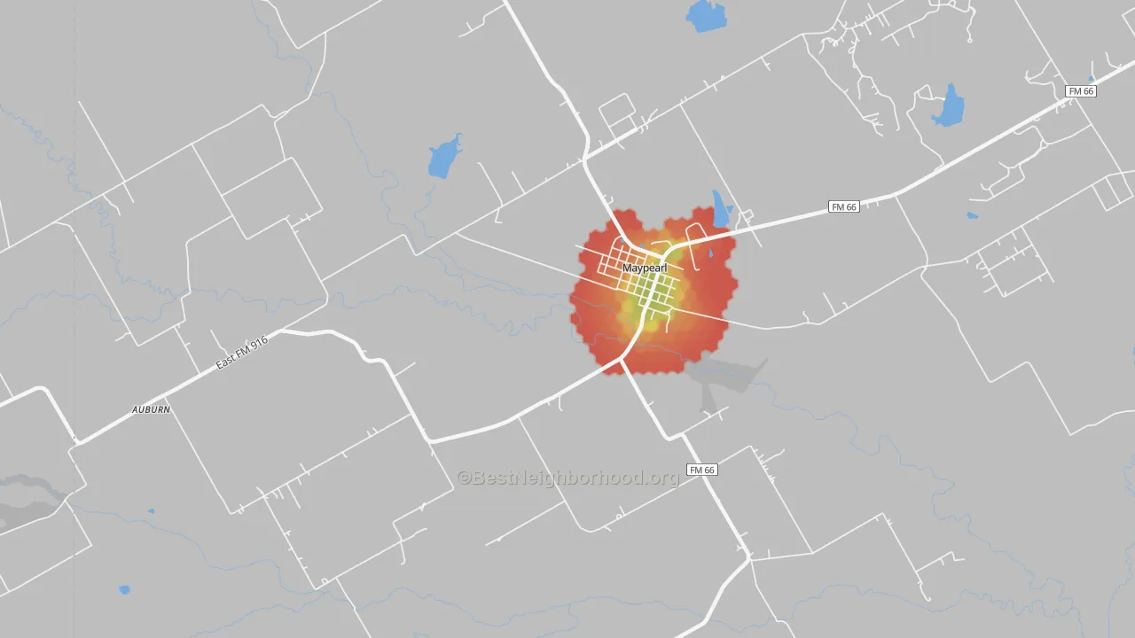 Walk Grade map of 76064, TX, walkable areas in green and car-dependent areas in red