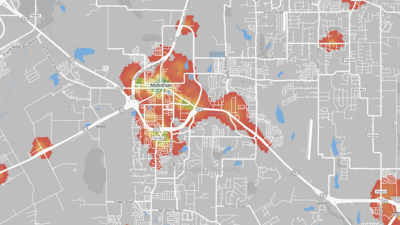 Walk Grade map of 76065, TX, walkable areas in green and car-dependent areas in red