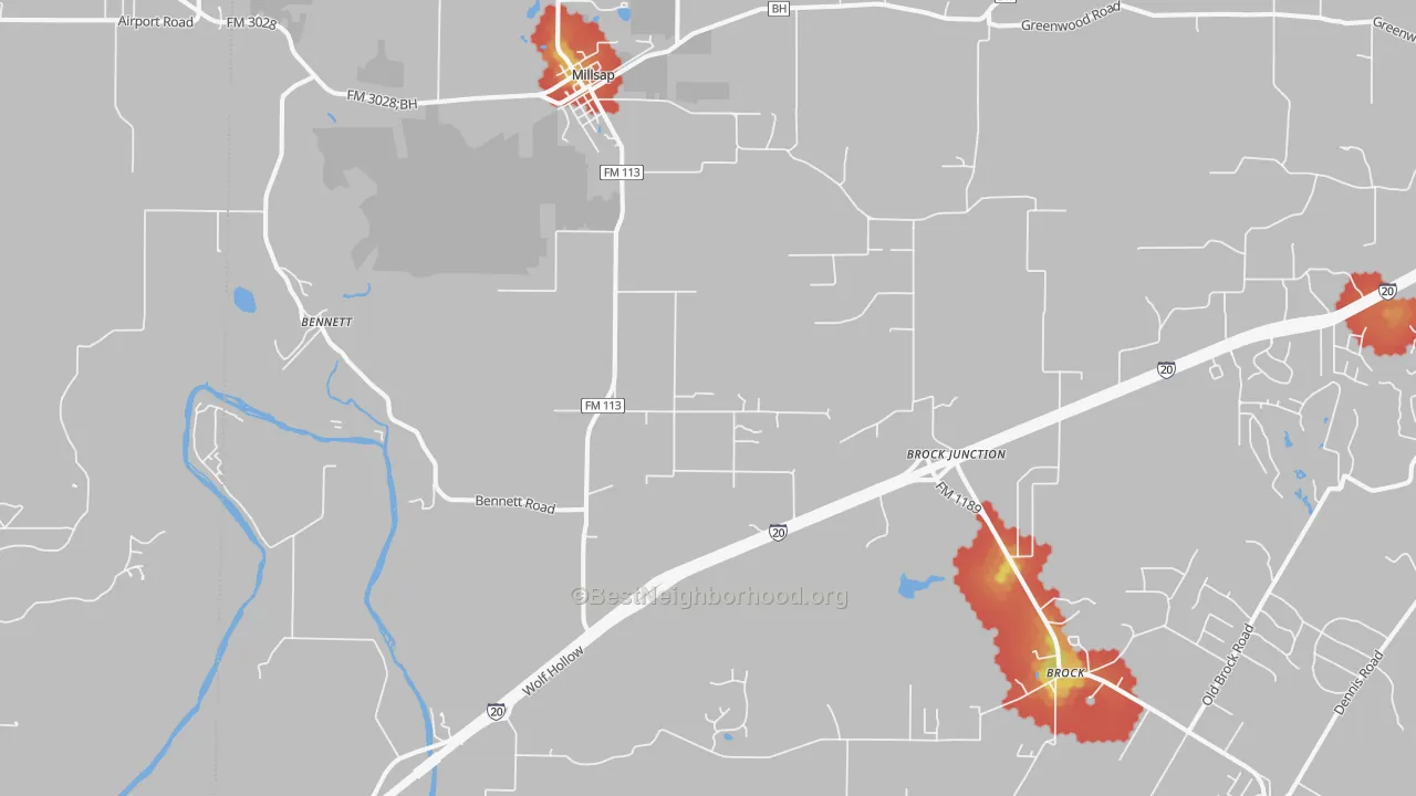 Walk Grade map of 76066, TX, walkable areas in green and car-dependent areas in red