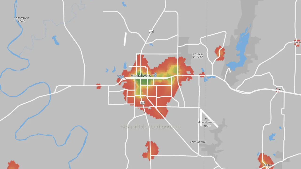 Walk Grade map of 76067, TX, walkable areas in green and car-dependent areas in red