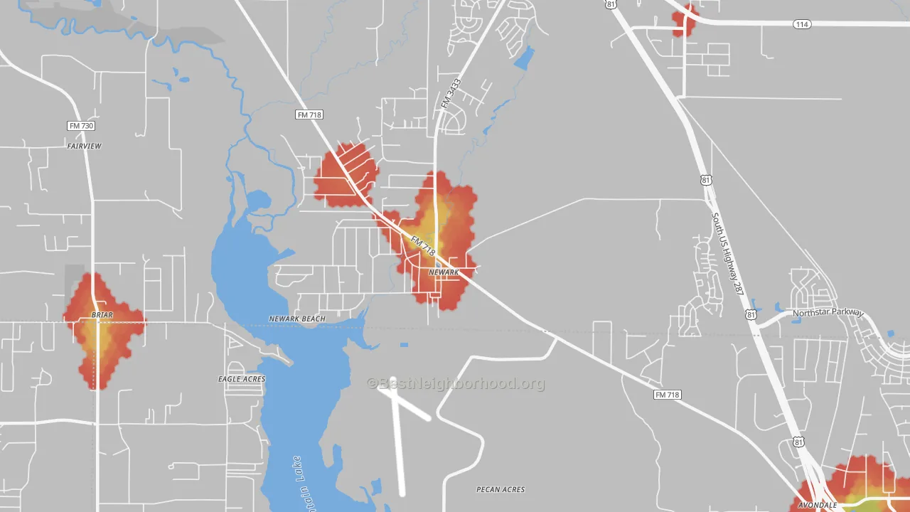 Walk Grade map of 76071, TX, walkable areas in green and car-dependent areas in red