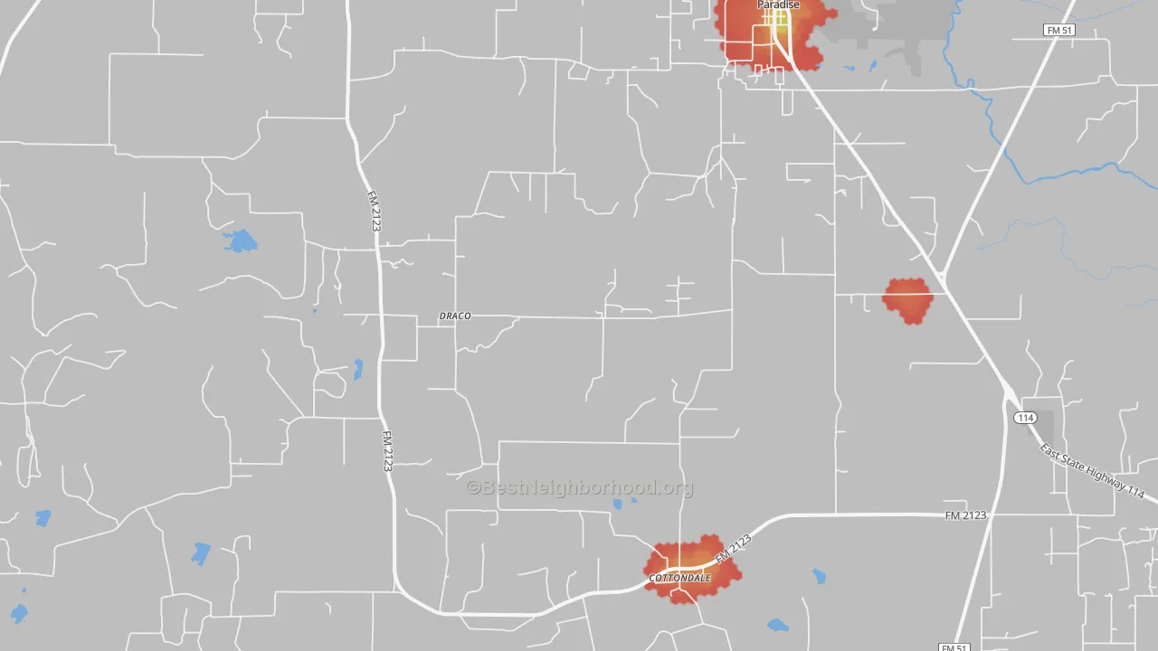 Walk Grade map of 76073, TX, walkable areas in green and car-dependent areas in red
