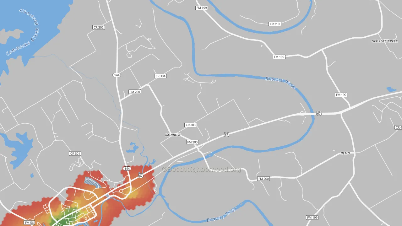 Walk Grade map of 76077, TX, walkable areas in green and car-dependent areas in red