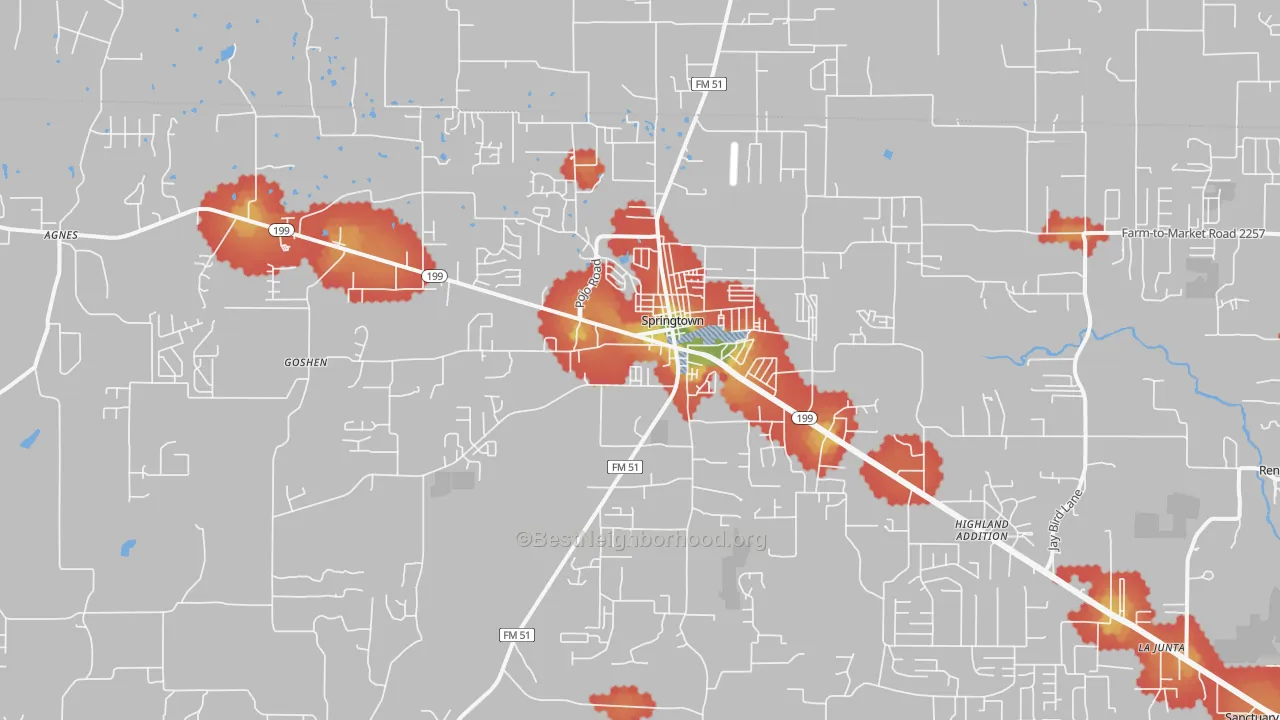 Walk Grade map of 76082, TX, walkable areas in green and car-dependent areas in red