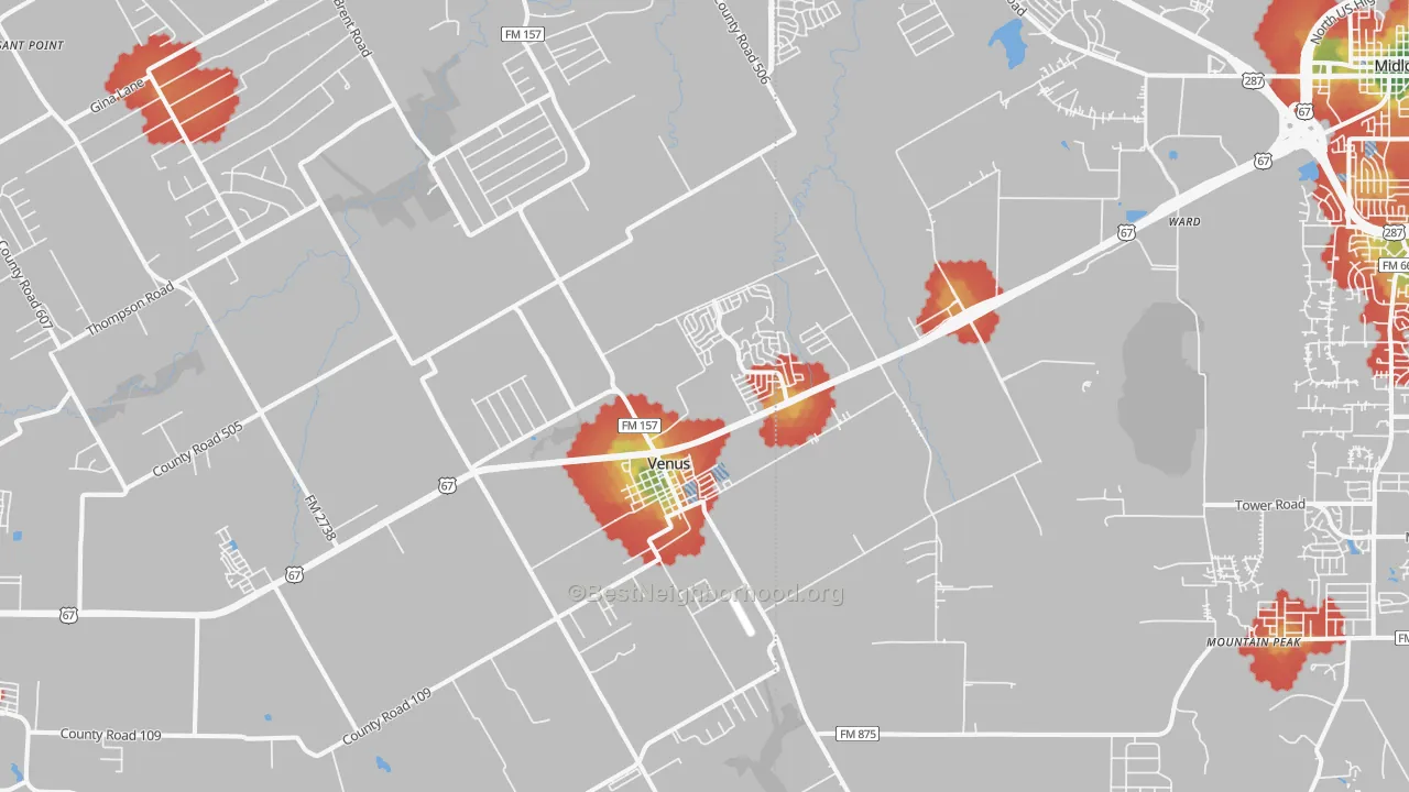 Walk Grade map of 76084, TX, walkable areas in green and car-dependent areas in red