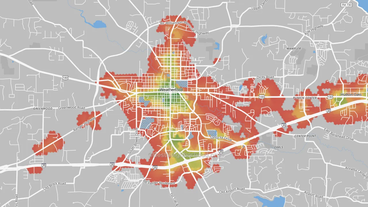 Walk Grade map of 76086, TX, walkable areas in green and car-dependent areas in red