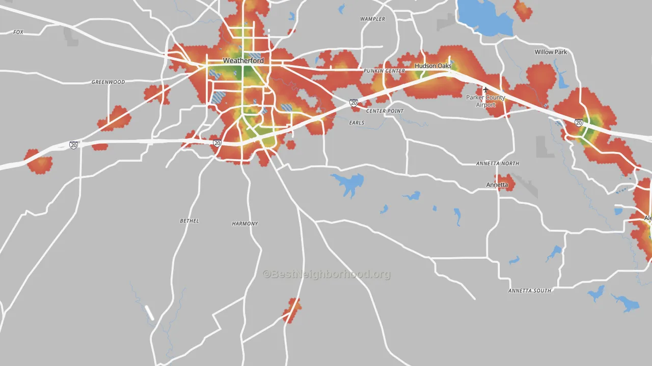 Walk Grade map of 76087, TX, walkable areas in green and car-dependent areas in red