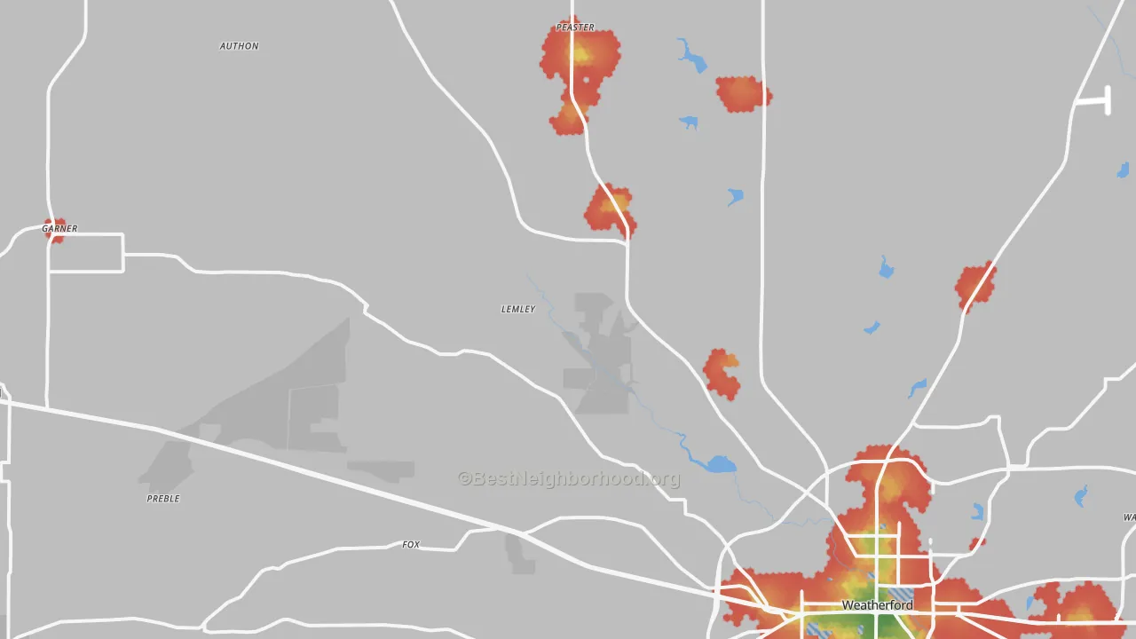 Walk Grade map of 76088, TX, walkable areas in green and car-dependent areas in red