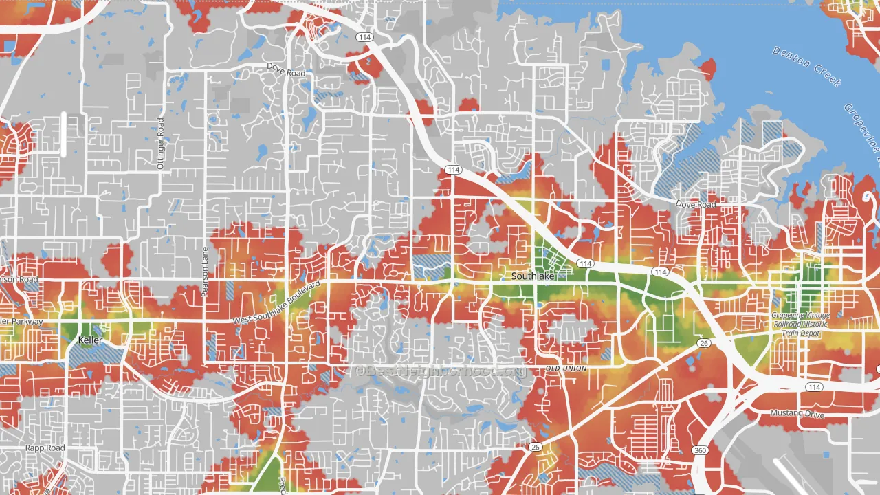 Walk Grade map of 76092, TX, walkable areas in green and car-dependent areas in red