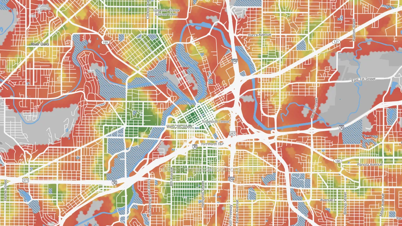 Walk Grade map of 76102, TX, walkable areas in green and car-dependent areas in red