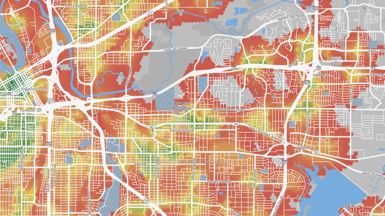 Walk Grade map of 76103, TX, walkable areas in green and car-dependent areas in red