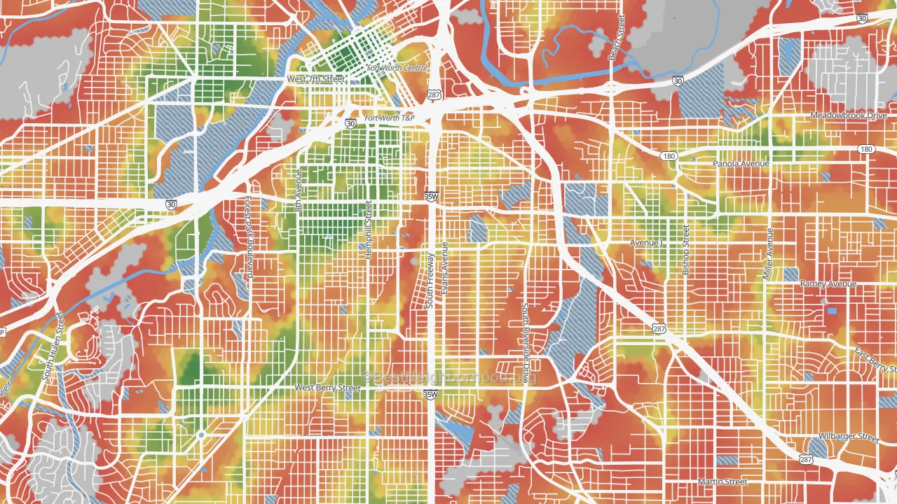 Walk Grade map of 76104, TX, walkable areas in green and car-dependent areas in red