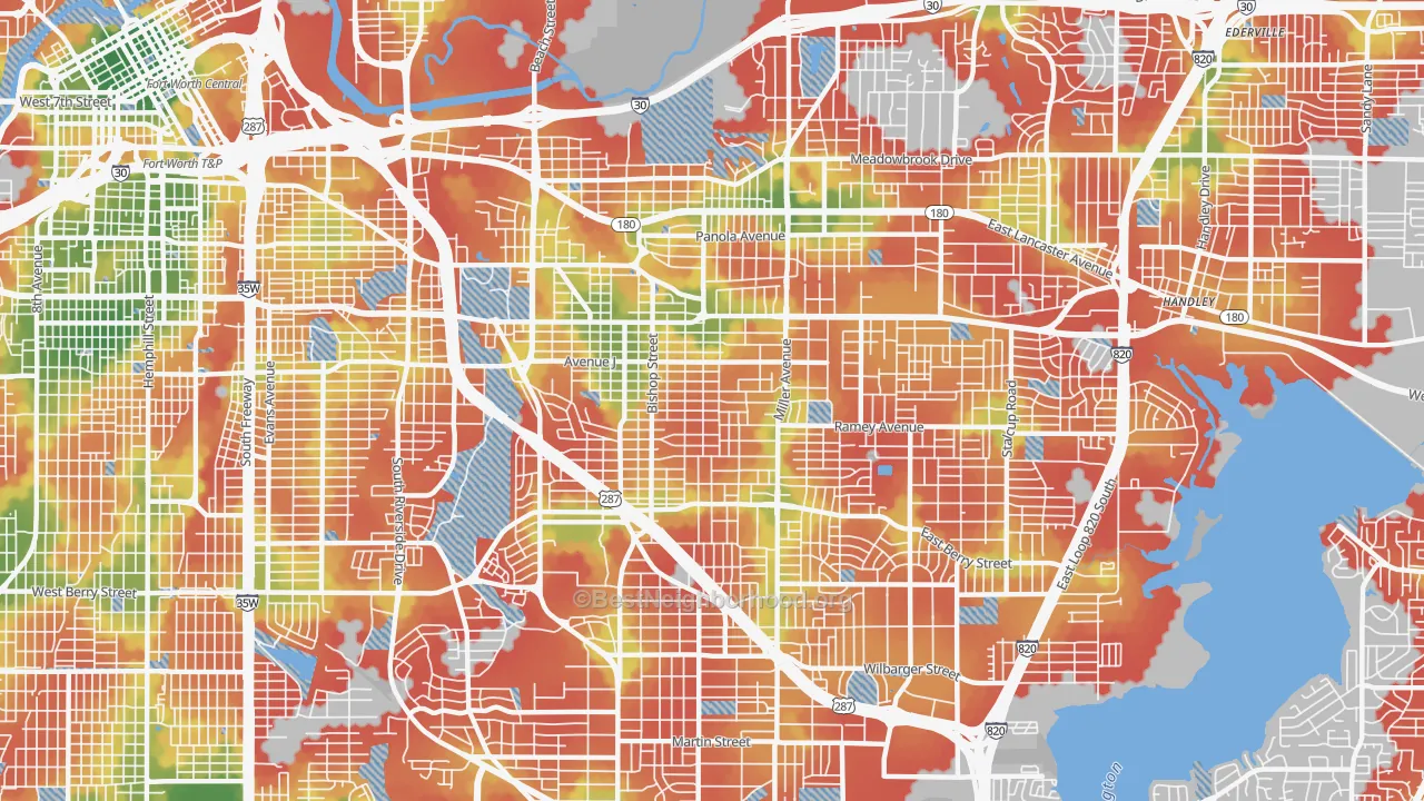 Walk Grade map of 76105, TX, walkable areas in green and car-dependent areas in red