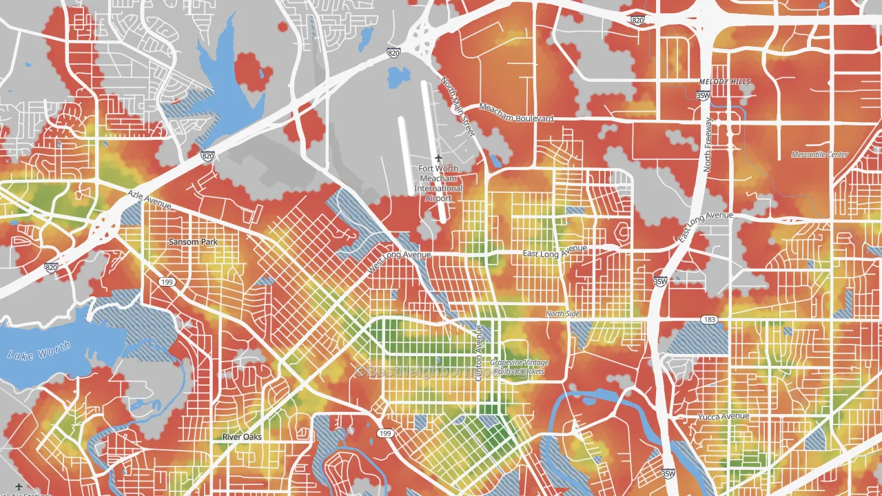 Walk Grade map of 76106, TX, walkable areas in green and car-dependent areas in red