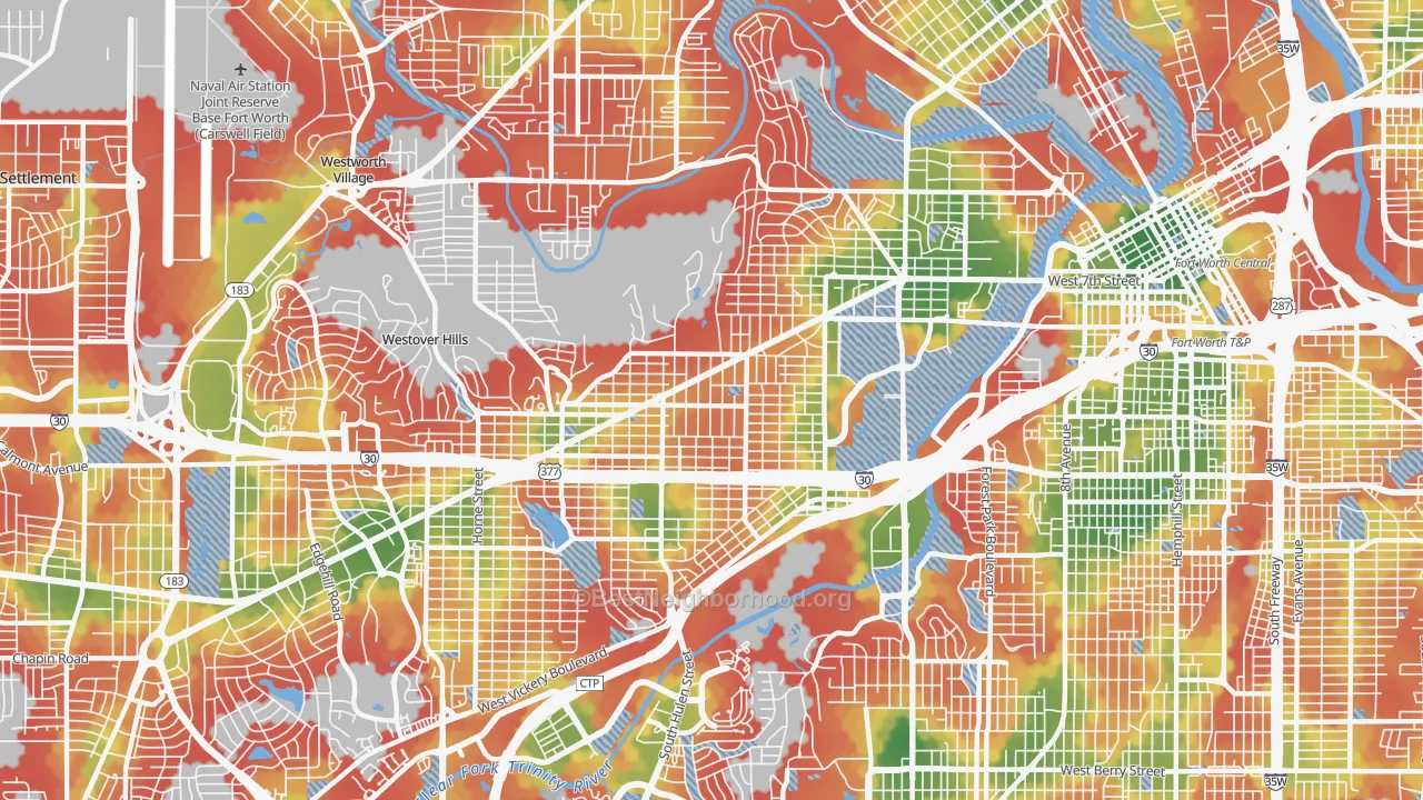 Walk Grade map of 76107, TX, walkable areas in green and car-dependent areas in red