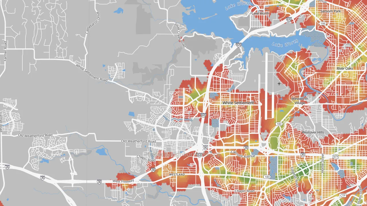 Walk Grade map of 76108, TX, walkable areas in green and car-dependent areas in red