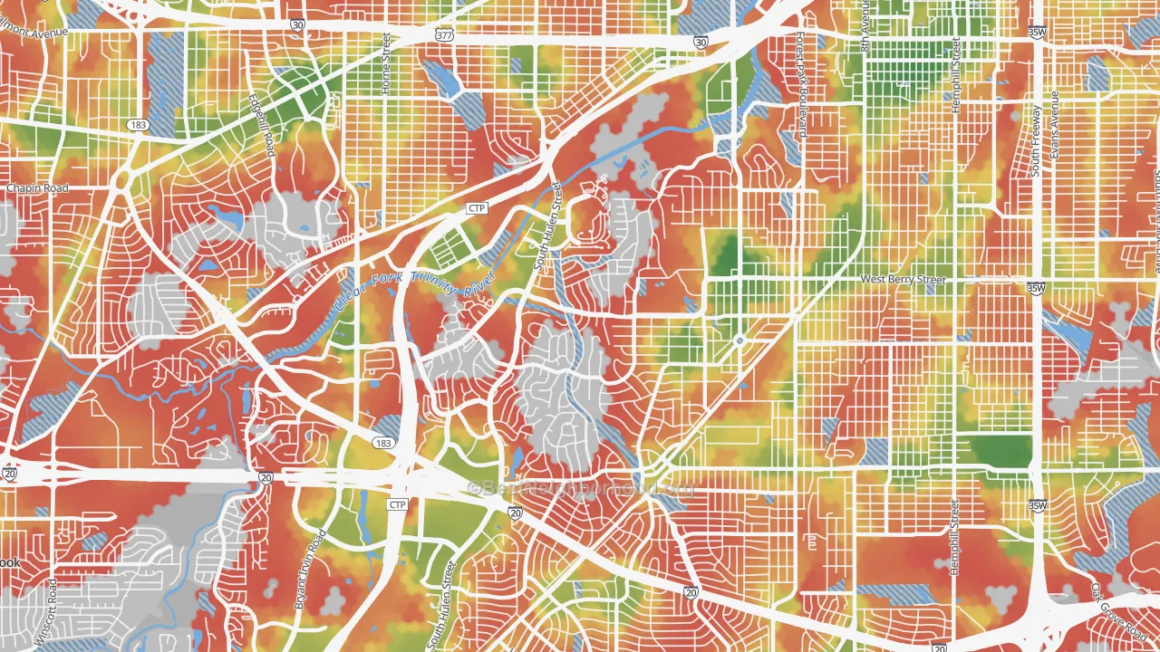 Walk Grade map of 76109, TX, walkable areas in green and car-dependent areas in red