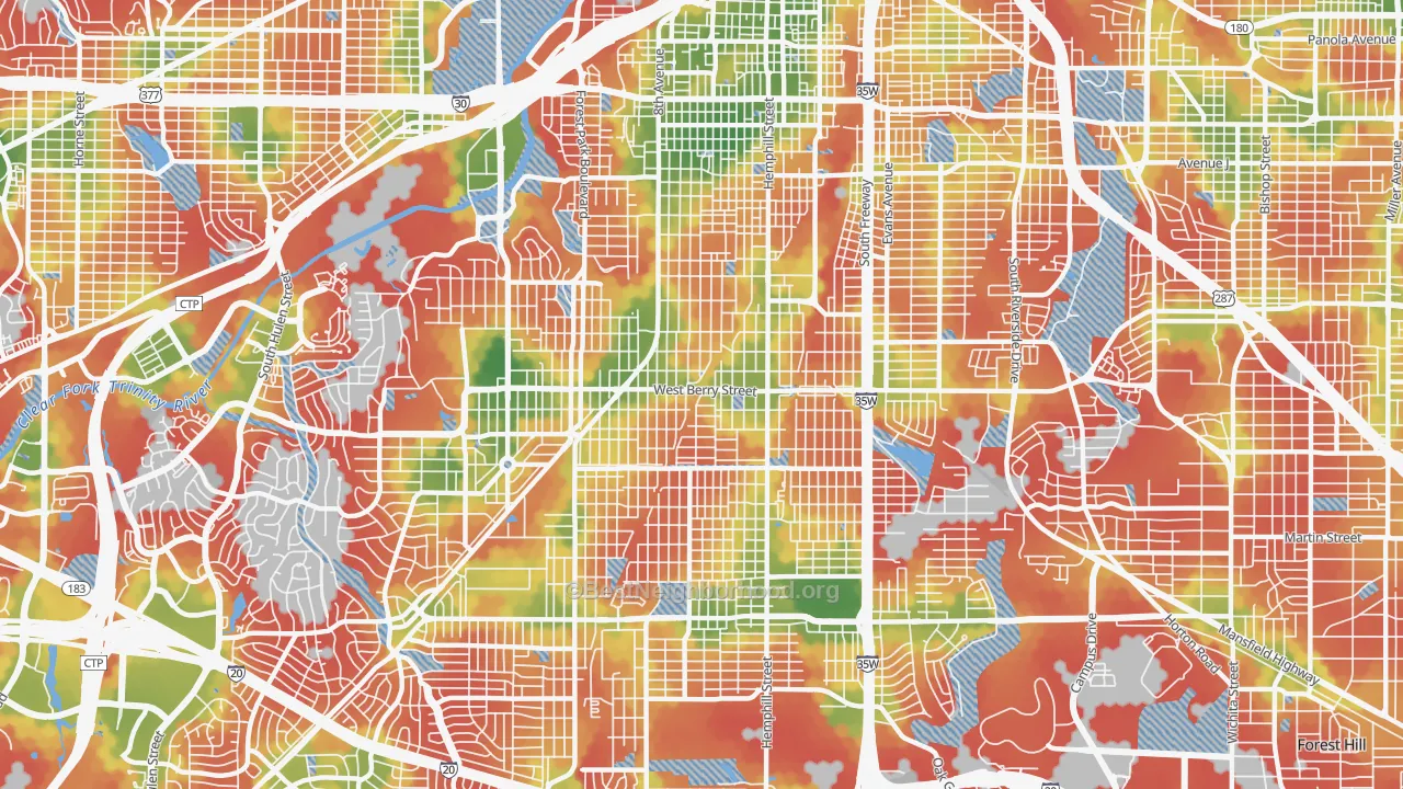Walk Grade map of 76110, TX, walkable areas in green and car-dependent areas in red