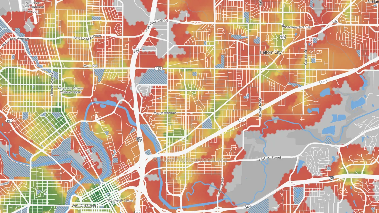 Walk Grade map of 76111, TX, walkable areas in green and car-dependent areas in red