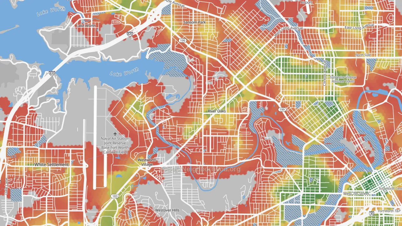 Walk Grade map of 76114, TX, walkable areas in green and car-dependent areas in red