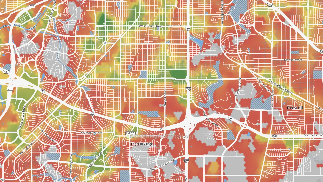 Walk Grade map of 76115, TX, walkable areas in green and car-dependent areas in red