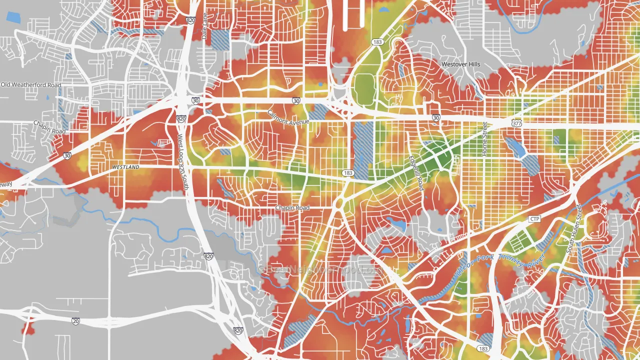 Walk Grade map of 76116, TX, walkable areas in green and car-dependent areas in red