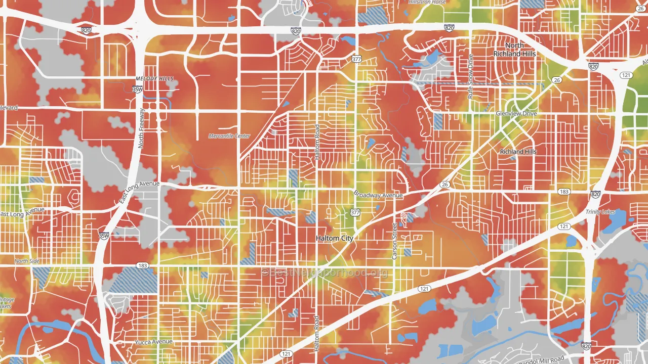 Walk Grade map of 76117, TX, walkable areas in green and car-dependent areas in red