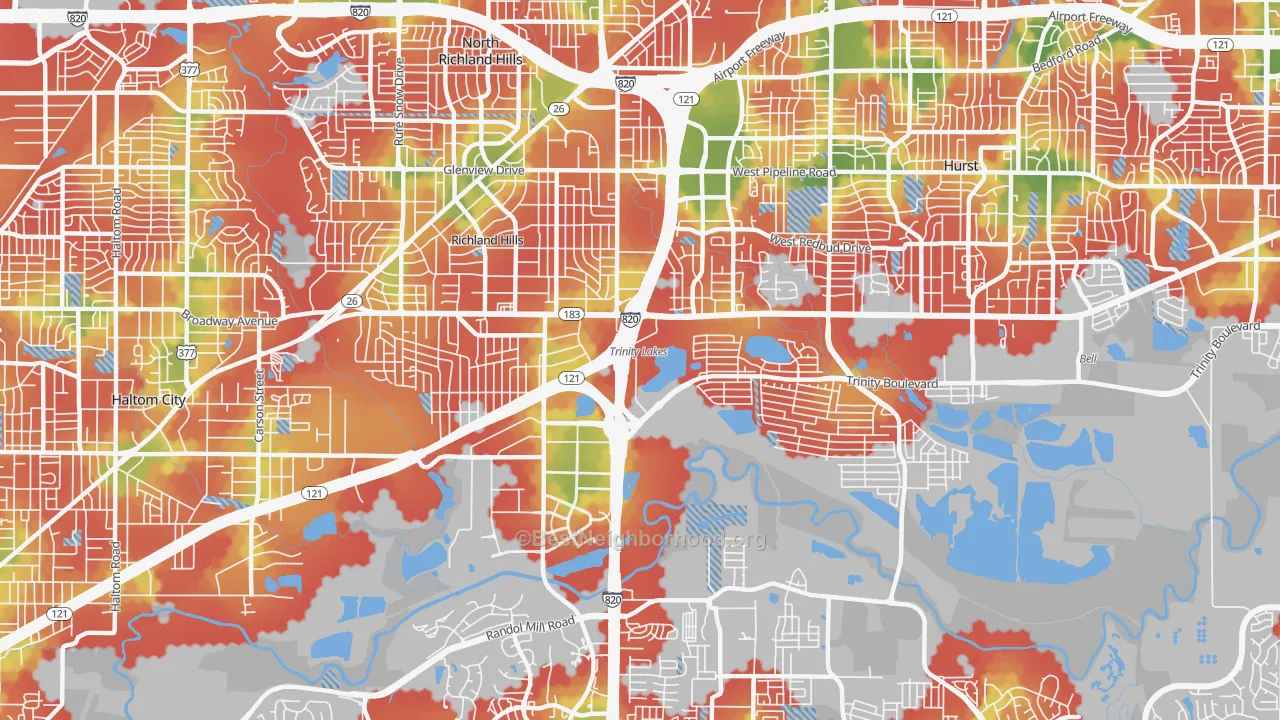 Walk Grade map of 76118, TX, walkable areas in green and car-dependent areas in red