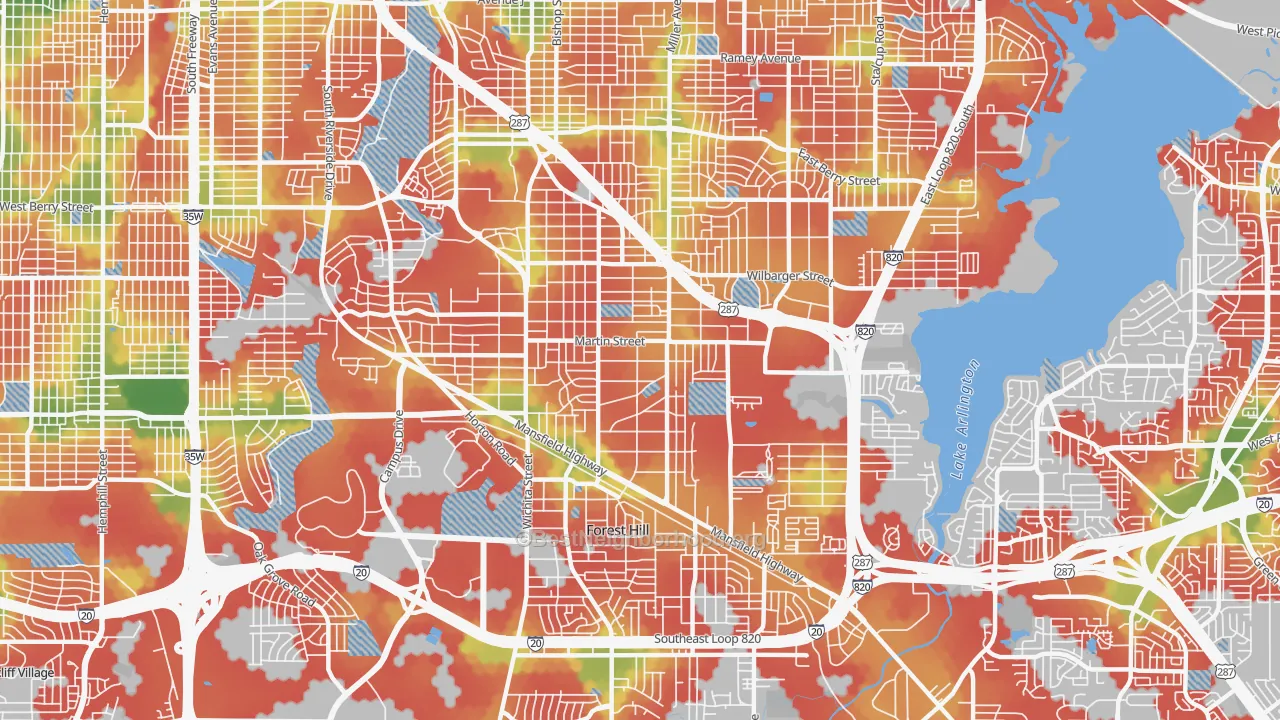 Walk Grade map of 76119, TX, walkable areas in green and car-dependent areas in red