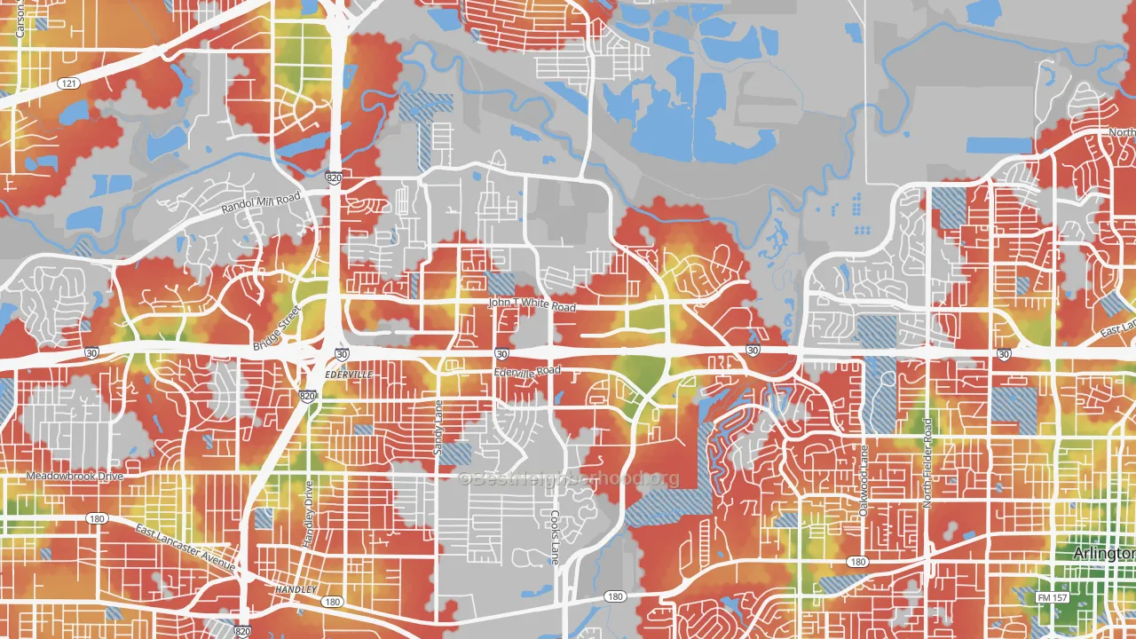Walk Grade map of 76120, TX, walkable areas in green and car-dependent areas in red