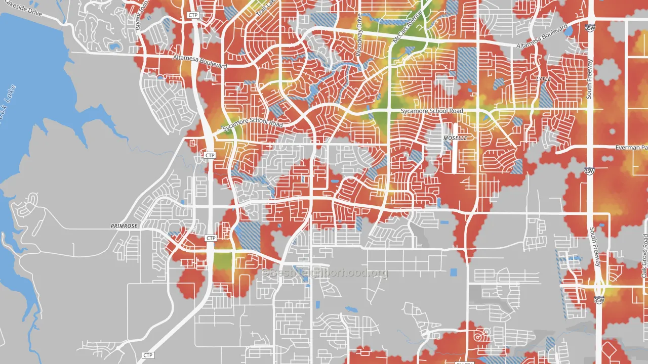 Walk Grade map of 76123, TX, walkable areas in green and car-dependent areas in red