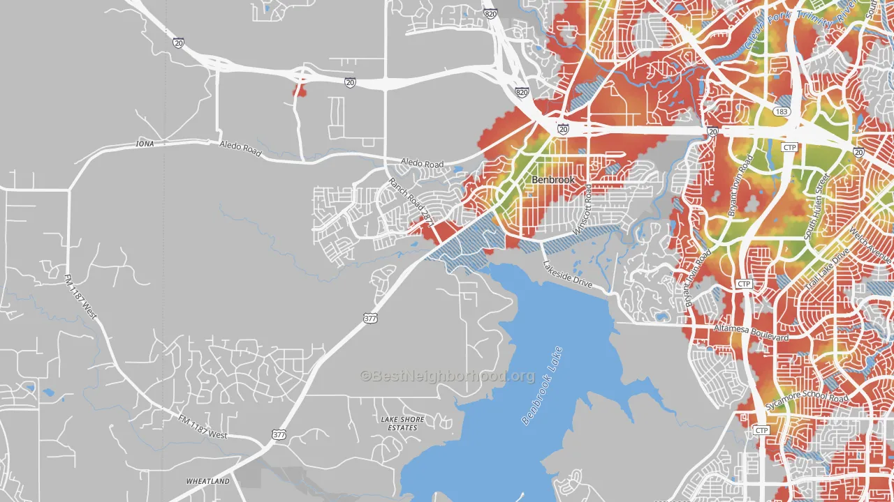 Walk Grade map of 76126, TX, walkable areas in green and car-dependent areas in red