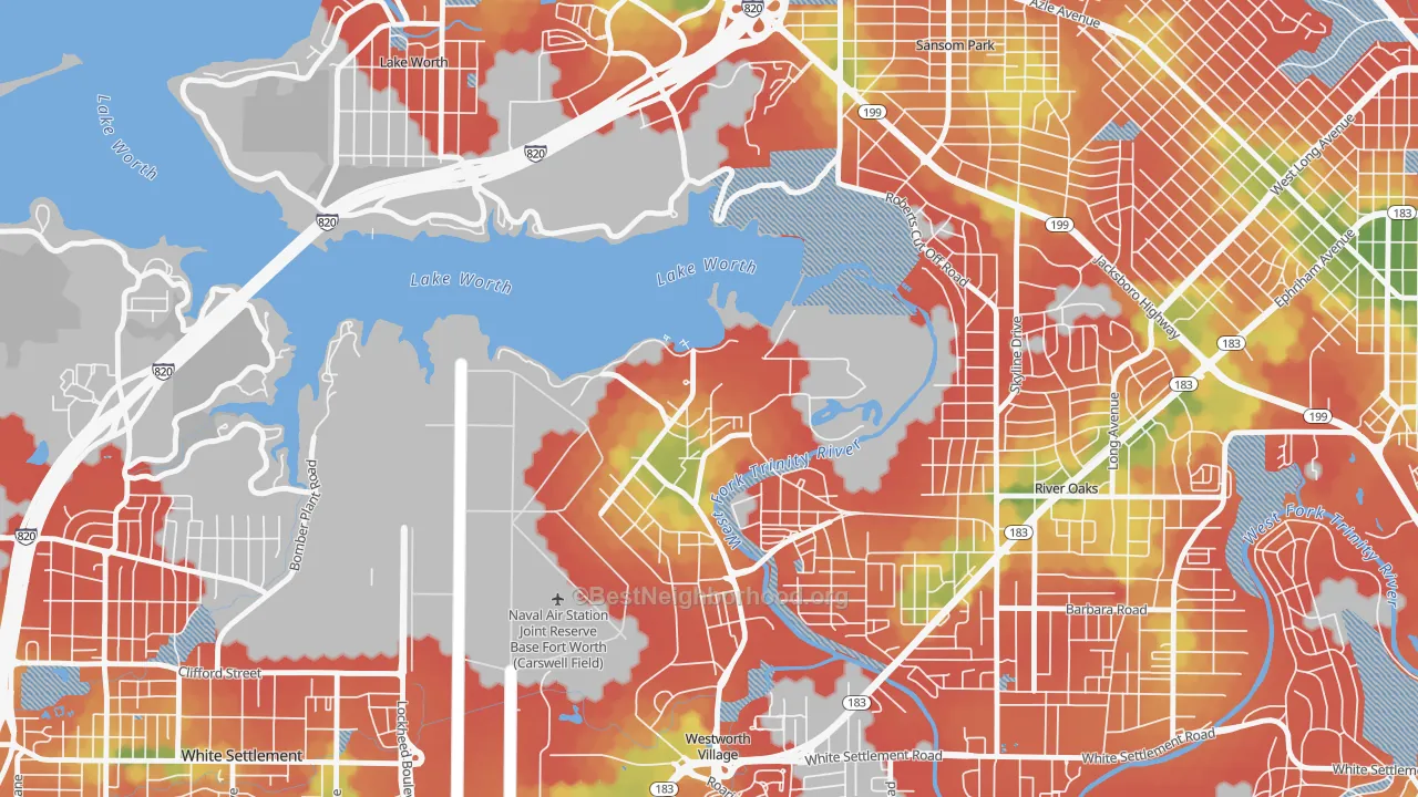 Walk Grade map of 76127, TX, walkable areas in green and car-dependent areas in red