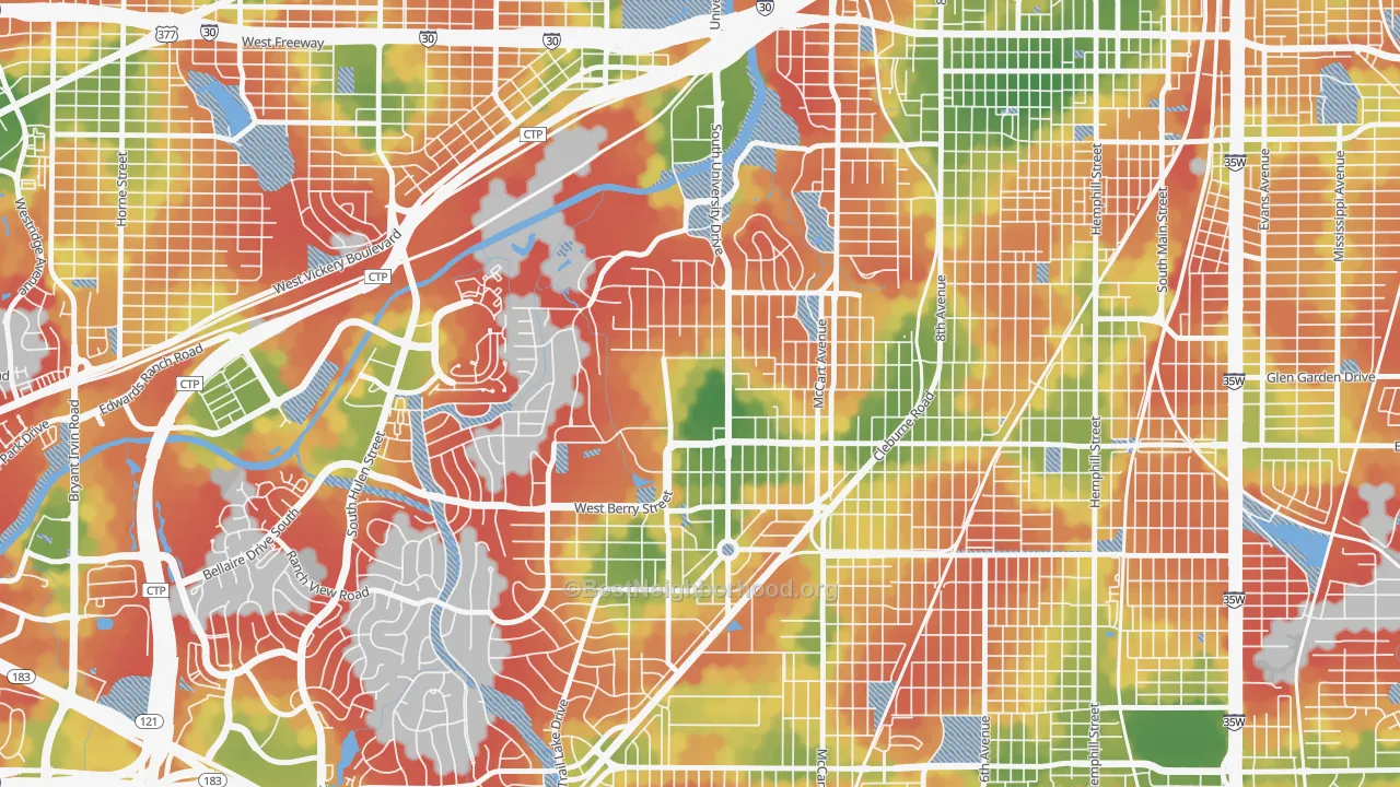 Walk Grade map of 76129, TX, walkable areas in green and car-dependent areas in red