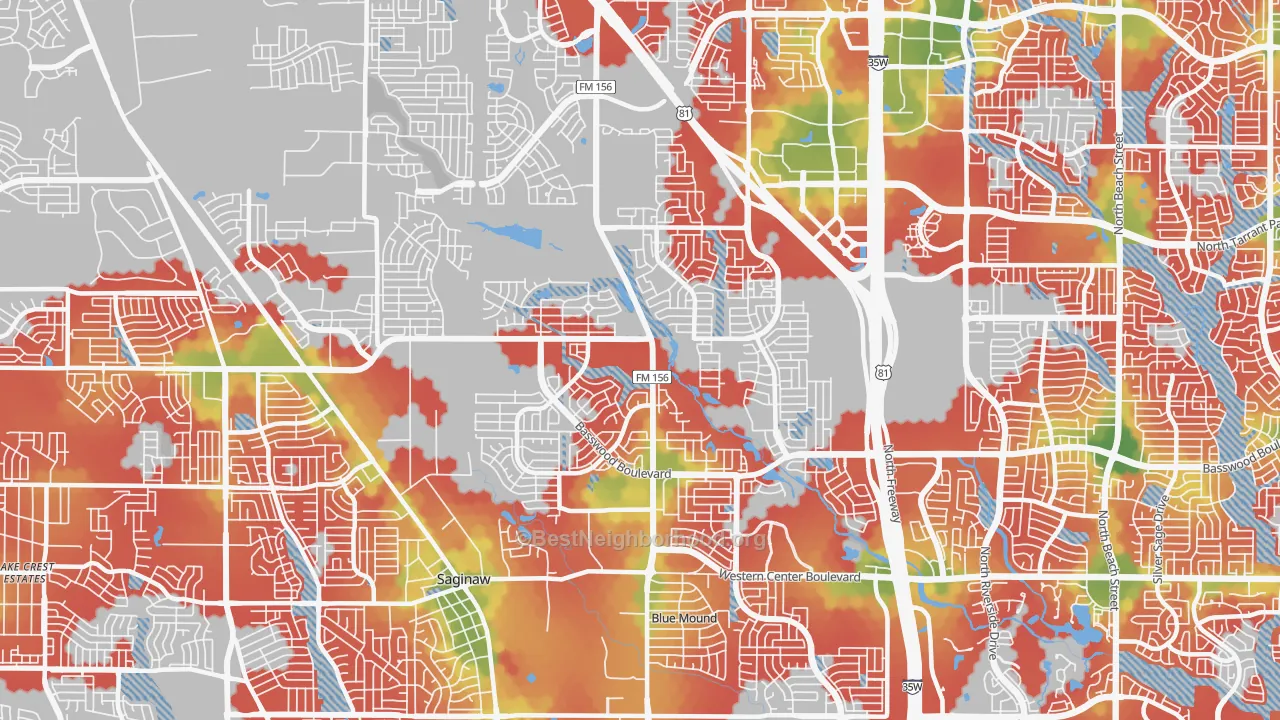 Walk Grade map of 76131, TX, walkable areas in green and car-dependent areas in red