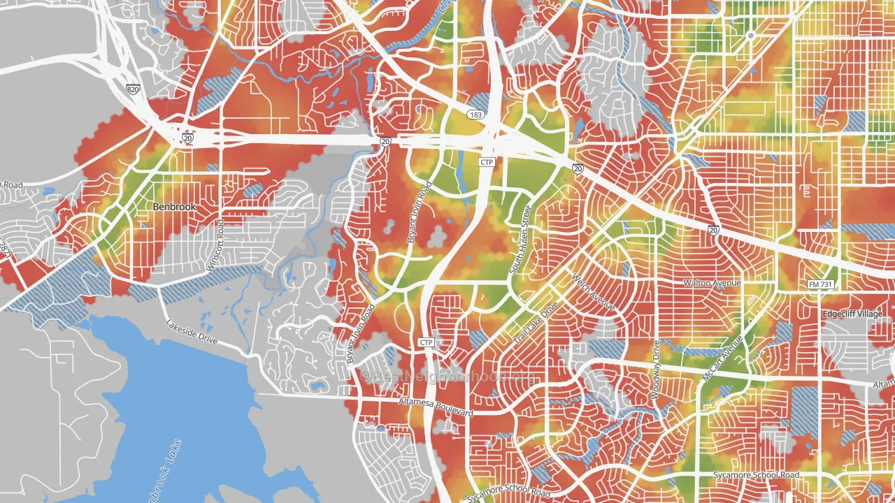 Walk Grade map of 76132, TX, walkable areas in green and car-dependent areas in red