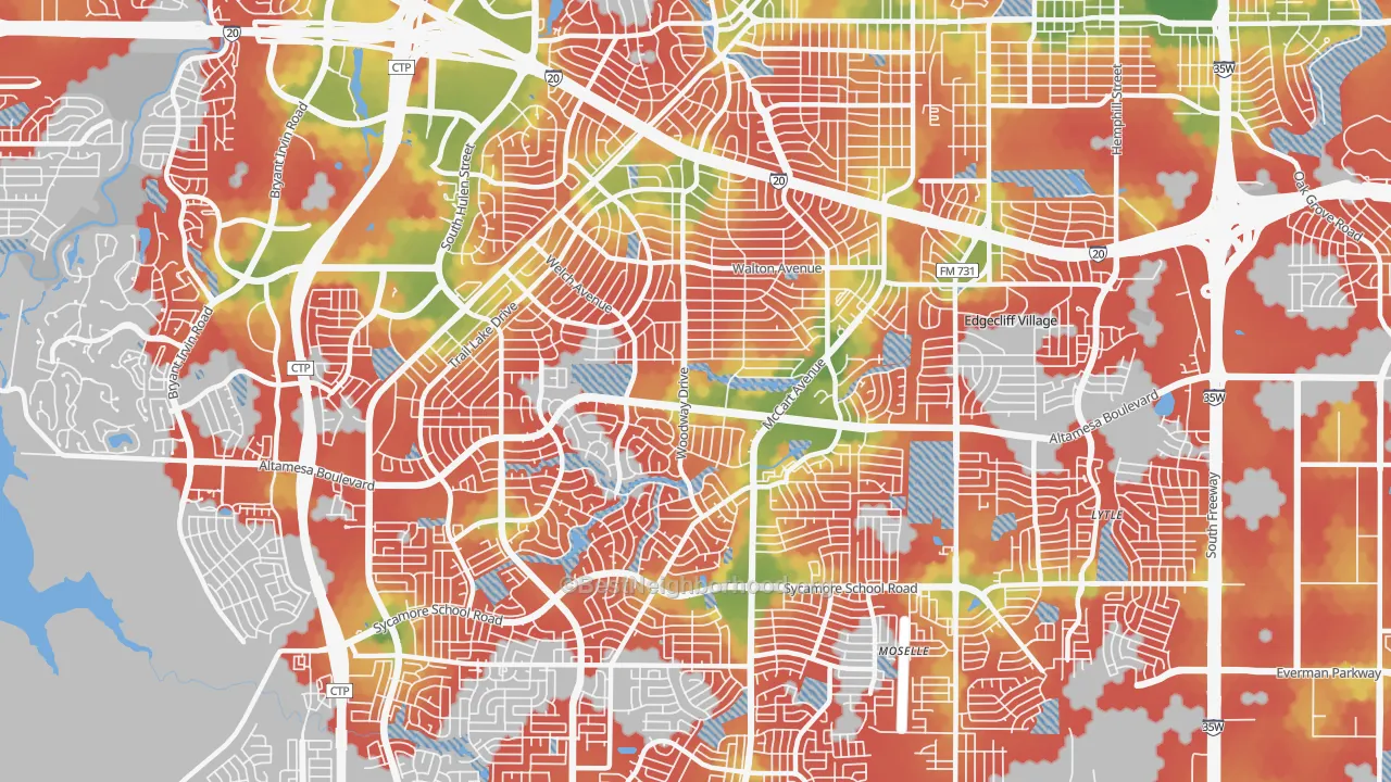 Walk Grade map of 76133, TX, walkable areas in green and car-dependent areas in red