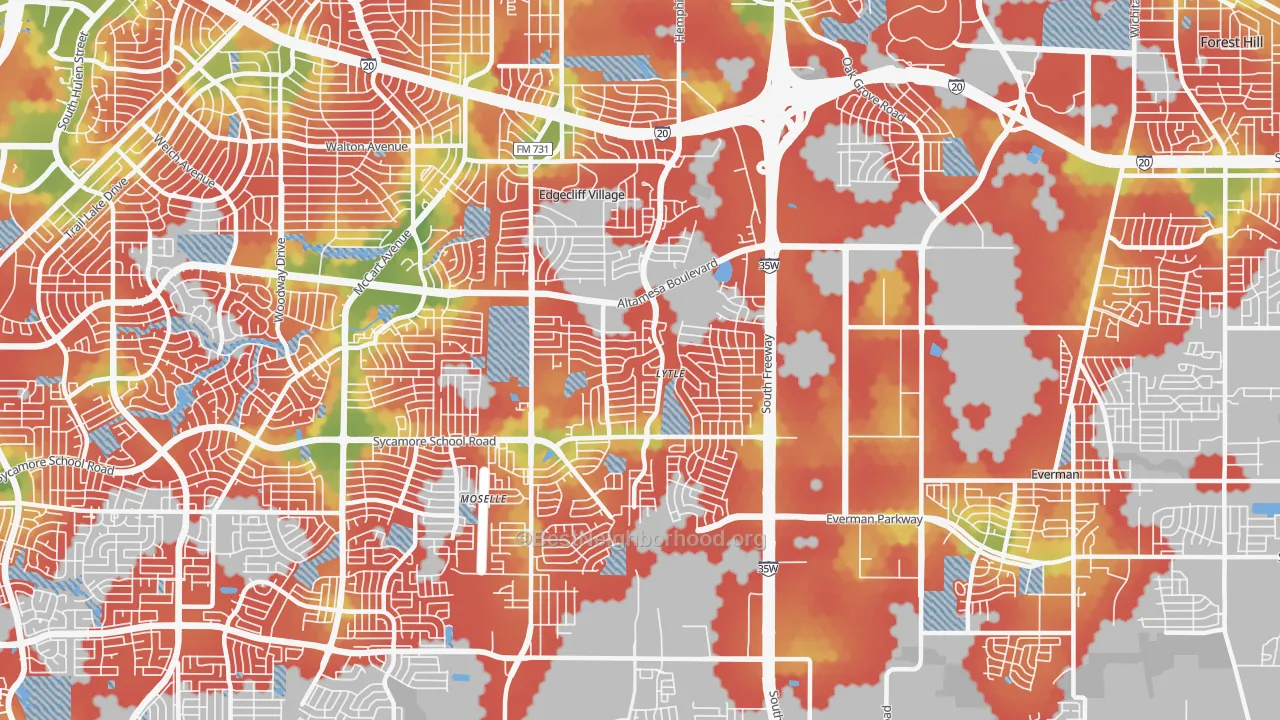 Walk Grade map of 76134, TX, walkable areas in green and car-dependent areas in red