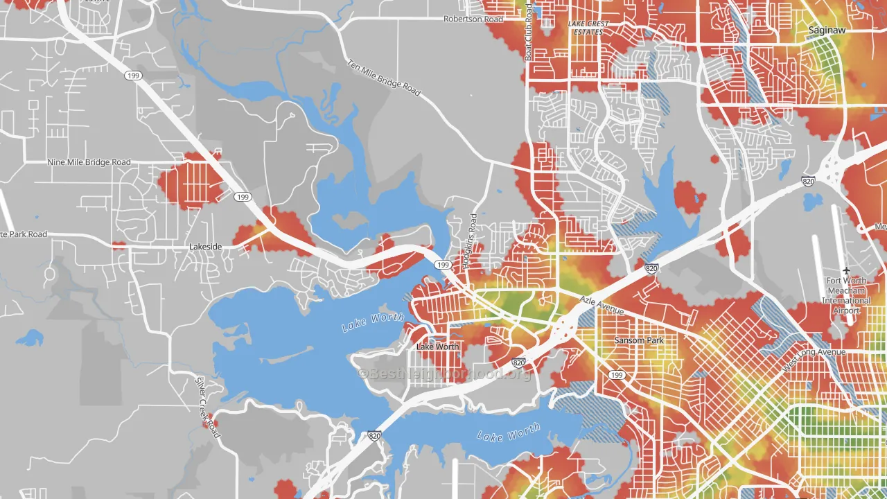 Walk Grade map of 76135, TX, walkable areas in green and car-dependent areas in red